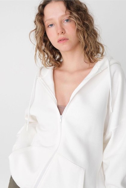 Beyaz Fermuarlı Kapüşonlu Sweatshırt