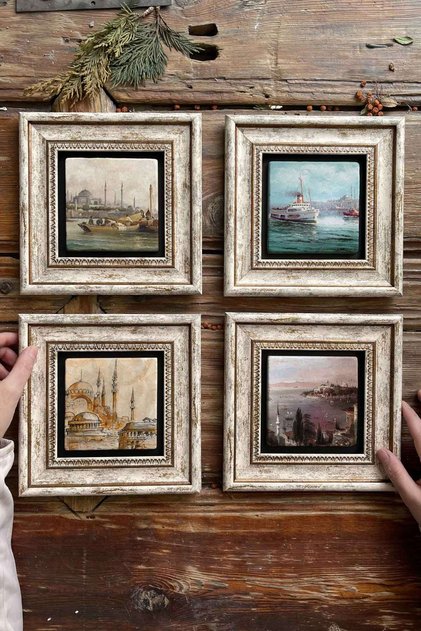 Çerçeveli Taş Tablo Duvar Dekoru 20x20cm 4'lü Set Eski Istanbul Tabloları Manzara