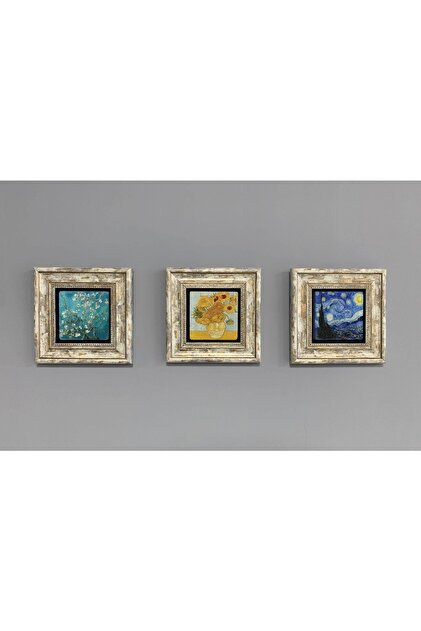 Oscar Stone Decor Çerçeveli Taş Duvar Dekoru Tablo 3'lü Set 20x20cm Vincent Van Gogh Sunflowers - 2