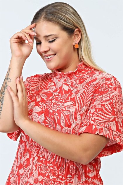 Plus Size Women's Comfortable Stand Collar Flower Pattern Detailed Pleated Blouse-orange