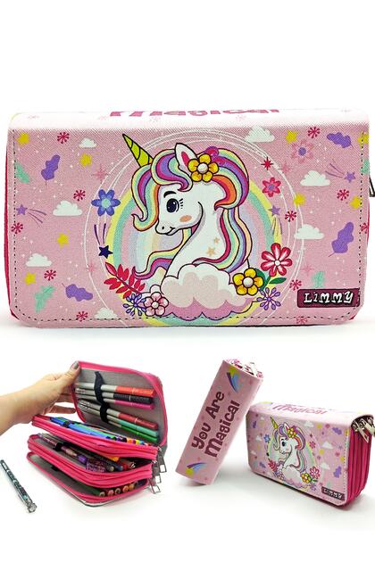 Trusa pentru creion Unicorn Spring Tematic Kawai Organizator Pen Box din piele vegană Suport stilou cu trei compartimente - roz