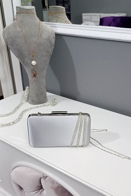 Silver Satin Three Rows of Stone Evening Dress Box Model Women's Bag