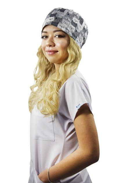 Unisex Kadın Erkek Master Likra Gri Kediler Desenli Doktor Hemşire Veteriner Hastane Cerrahi Bonesi