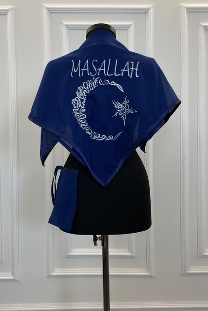 Triangle Navy Blue Circumcision Cover, Chiffon Silver Star Moon Mashallah Embroidery, Circumcision Henna, Circumcision Wedding