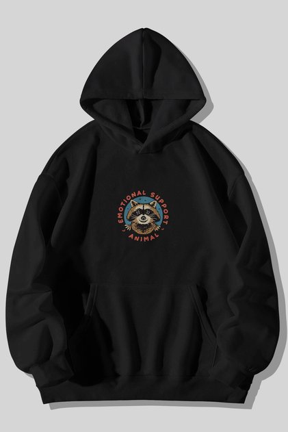 Emotional Support Animal Raccoon Printed Unisex Black Kangaroo Pocket Hooded Sweatshirt Hoodie
