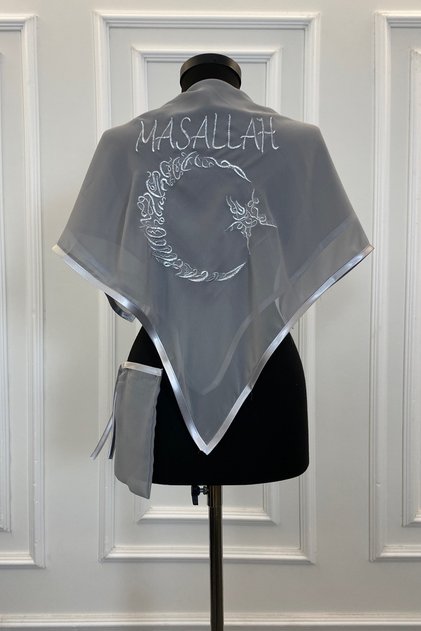 Triangle Gray Circumcision Cover, Chiffon Silver Star and Moon Mashallah Embroidery, Circumcision Henna, Circumcision Wedding