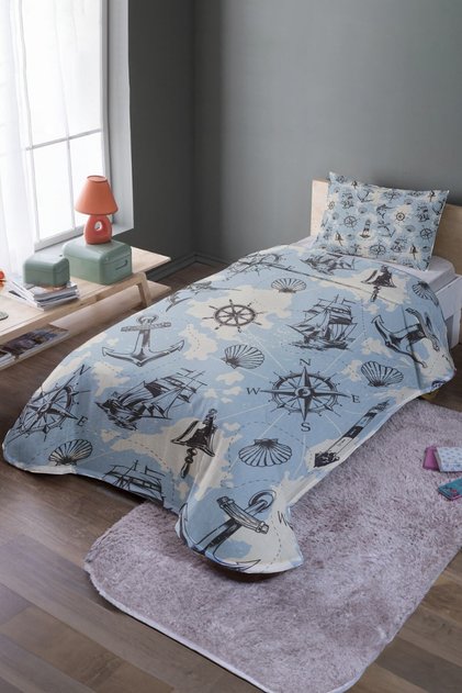 Blue Sailor Patterned Single Bedspread and Pique Set