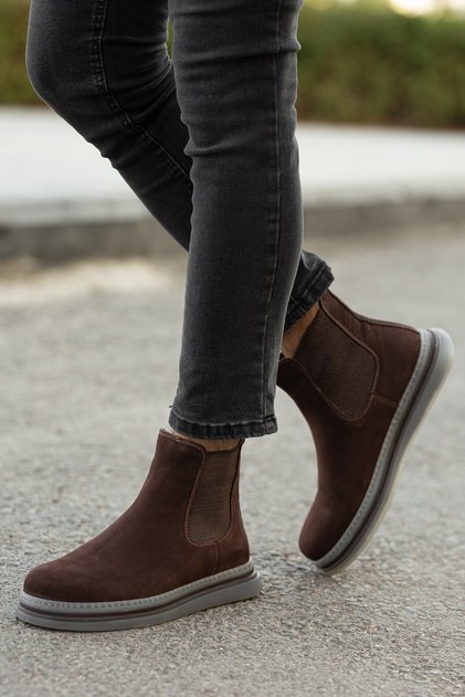 Men's Brown Classic Elastic Boots Genuine Leather Water Resistant Odor Free Orthopedic Boots