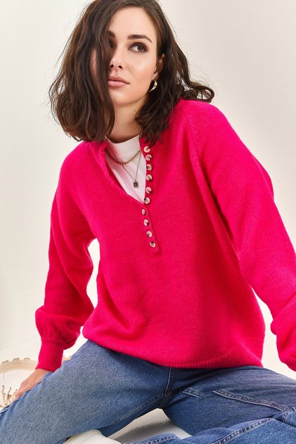 Women's Pink Collared, Buttoned, Crew Neck, Striped Knitwear Sweater 20223207