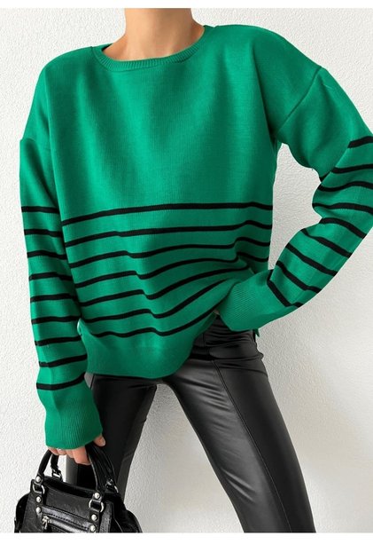 Women's Line Detail Crew Neck Long Sleeve Green Knitwear Women's Sweater 0242