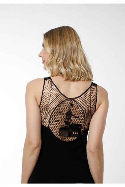 Women's Black Cotton Tank & Guipure Maiden's Tower Back Detail and Strap Detail & Comfortable Texture