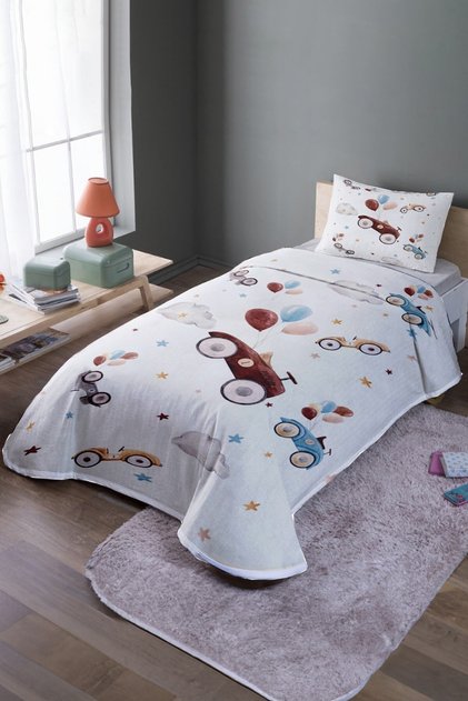 Toy Cars Patterned Single Bedspread and Pique Set