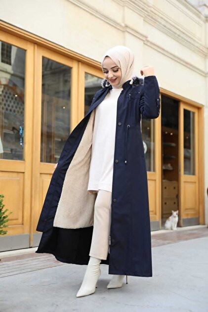 معطف فرو كامل للمقاسات الكبيرة للنساء مع أزرار ضغط وسحاب وتفصيل خصر