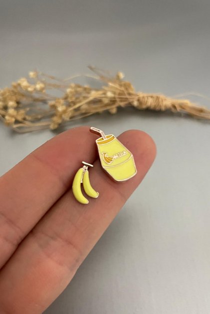 Women's Yellow Color Banana and Milk Figured Nails Mini Earrings