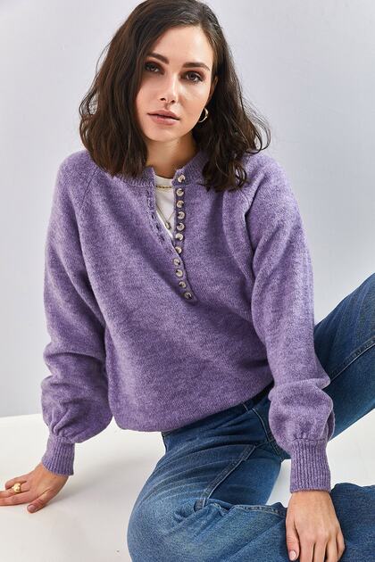 Women's Lilac Collar Knitted Sweater with Hole Detail and Stripes 20223207