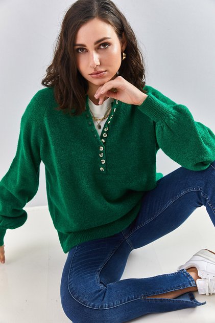 Women's Grass Green Cuffed Cowl Neck Striped Knitwear Sweater 20223207