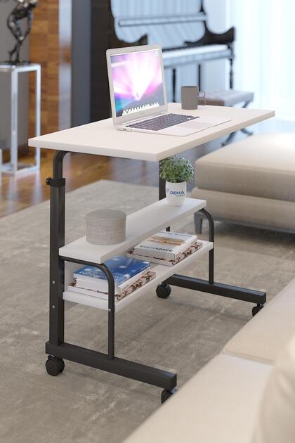 80x40 Yükseklik Ayarlı Raflı Kilitli Tekerlekli Taşınabilir Laptop Sehpası Ve Çalışma Masası