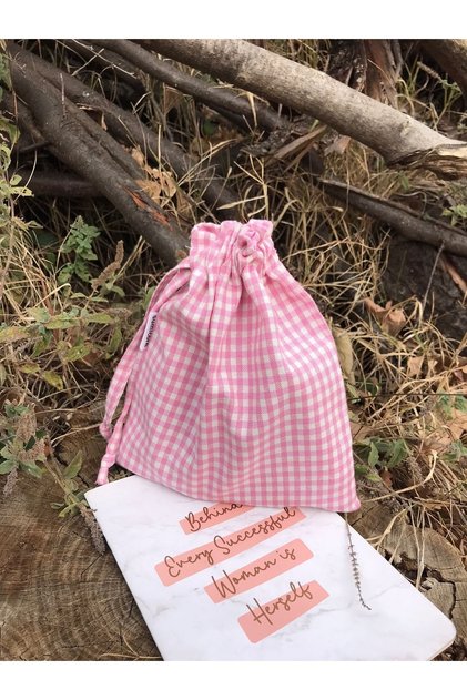 Mini Pink Gingham Eco-Friendly Linen Drawstring Organizer Pouch, Gift Pouch, Makeup Bag
