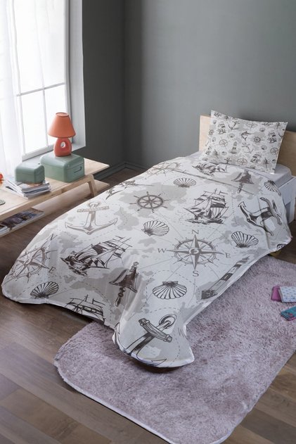 Mink Sailor Patterned Single Bedspread and Pique Set