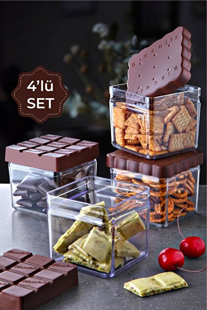 Vienev 4lü Akrilik Çikolata Bisküvi Model Kapaklı Çerezlik Saklama