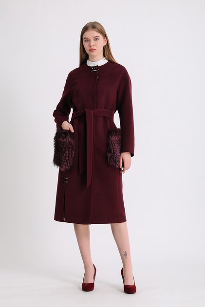 Bordo Fox Kürk Aksesuarlı Kaşmir Kaban