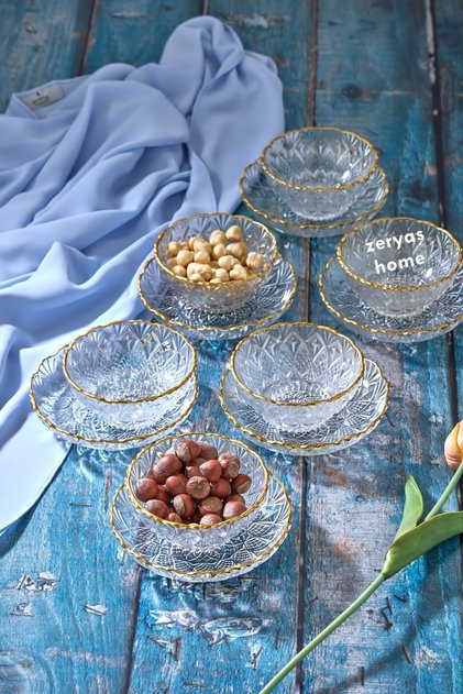 El Dekorlu Altın Yaldızlı 6 Kişilik 12 Parça Kristal Çerezlik, Şekerlik, Reçellik, Cam Kase