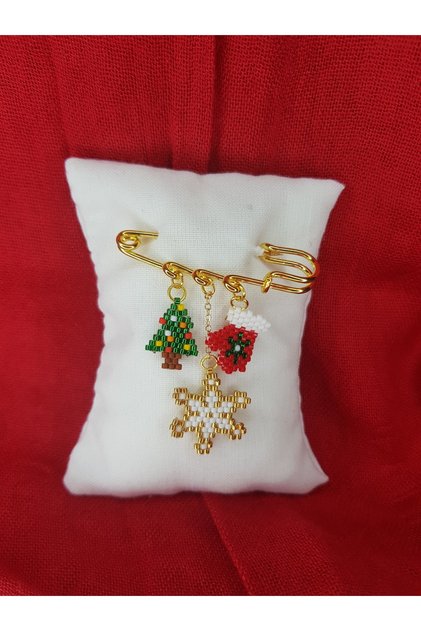 Miyuki Kar Tanesi Minik Çam Ağacı Eldiven Yılbaşı Christmas Noel Iskoç Iğnesi / Yaka Iğnesi / Broş