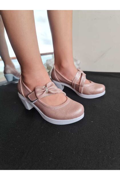 Girl's Bow Detailed Double Stripe Pink Heeled Evening Shoes, Heeled Sandals