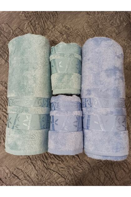 4-Piece First Quality Bamboo Bath Set, Bath and Head Towel - Mint & Blue