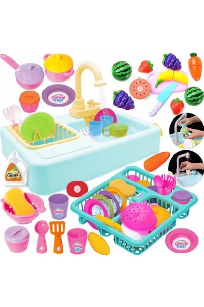 Oyuncak Mutfak Çeşmeli Lavabo Set + Frozen Bulaşıklık + Tabaklar + Kesilebilen Meyve Set Depomiks