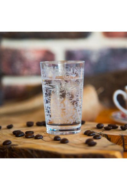 Joy Glass 6'lı Beyaz Şal Desen Kahve Yanı Su Bardağı - 2