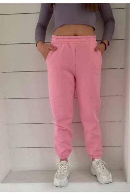 Women's Pink Thick Winter Pocketed 3 Thread Ribbed Sweatpants