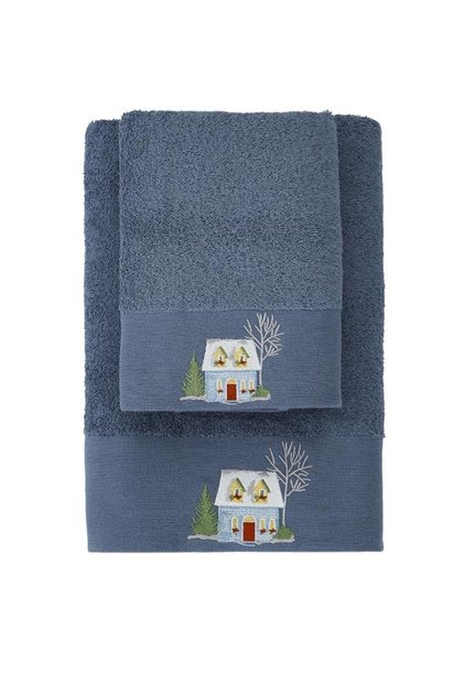 Mountain House Embroidered Cotton Indigo Towel Set (50X90 and 70X140)