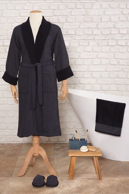 Luan Navy Blue 100% Cotton Bathrobe L/xl