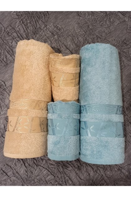 4-Piece First Quality Bamboo Bath Set, Bath and Head Towel - Milk Coffee & Mint