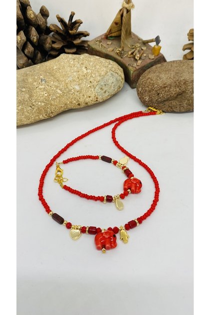 Handmade Ceramic Elephant Figure Women's Necklace Bracelet Set