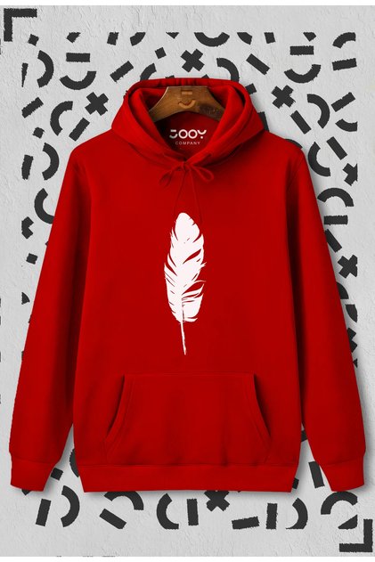 Feather Printed Red Hooded Sweatshirt
