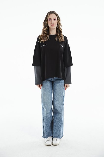 Eazy Basic Double Sleeve Oversize Unisex Black Crew Neck Thick Sweatshirt