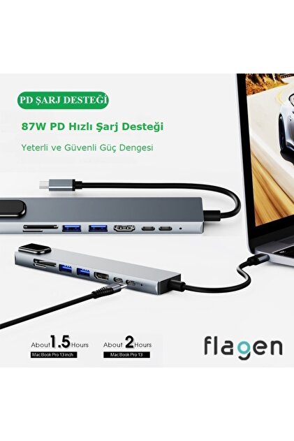 FLAGEN Macbook Air M2 2022 Type-c Çoğaltıcı Uyumlu 8 In 1 Ethernet