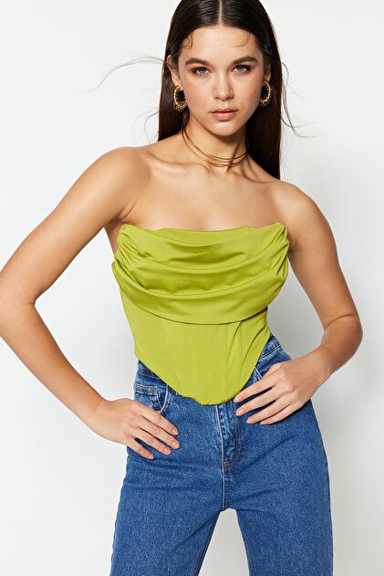 Trendyolmilla Açık Yeşil Crop Astarlı Korse Detaylı Örme Büstiyer