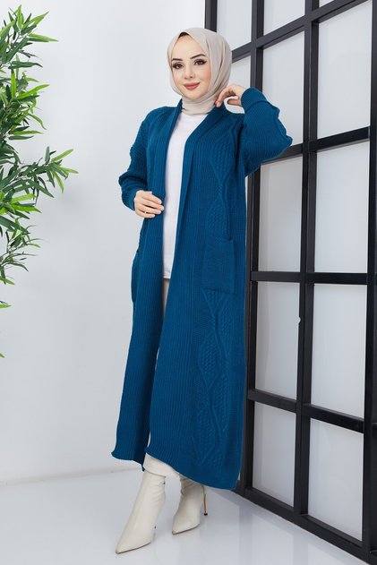 Women's Indigo Knit Patterned Knitwear Cardigan with Pockets