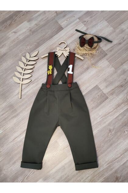 Khaki Taba Striped Boy's Trousers Salopet Safari Concept 1 Year Old Birthday