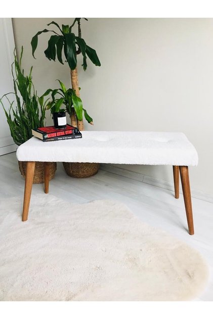 Ahşap Ayaklı Handmade Geniş Oturum Alanlı Beyaz Tedy Kumaş Pofidik Puf Bench Koltuk