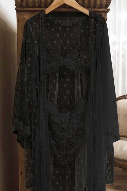 Jeyna Lace Black 3 Piece Dressing Gown Set