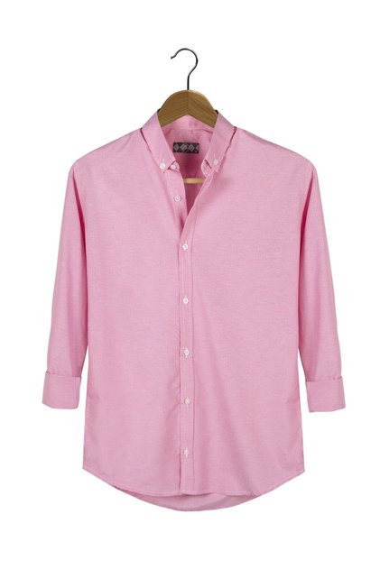 Erkek Pembe Kalın Dik Çizgili Uzun Kollu Yakası Düğmeli Slim Fit Gömlek