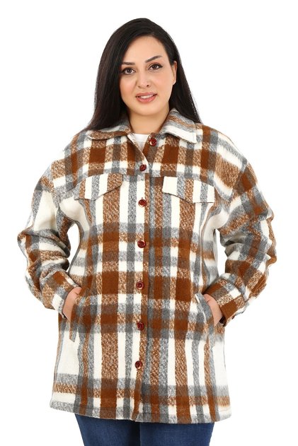 Long Winter Brown Jacket Shirt with Pockets and Cuffs