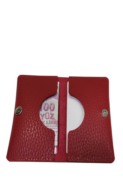 Unisex Snap Fastener Thin Leather Handmade Red Business Card Holder Credit Card Holder