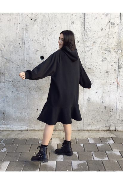 Yukka Kadın Siyah Kapüşonlu Oversize Elbise - 6