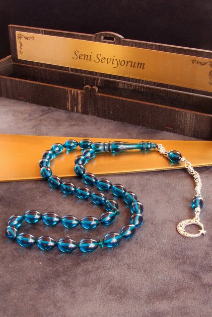 Blue Fire Amber Rosary "I Love You" with Silver Tassels