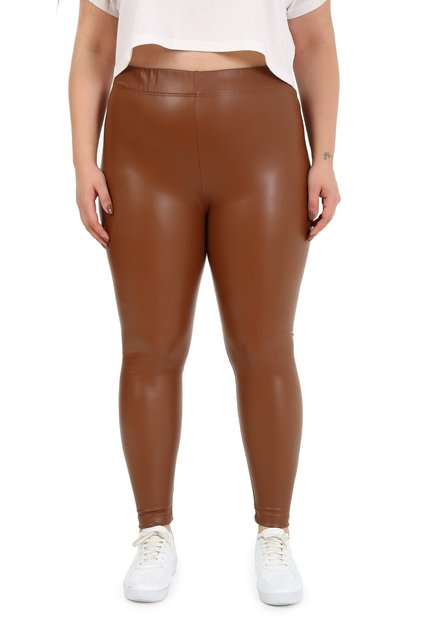Plus Size Brown Leather Leggings with Elastic Waist and Ankle Length